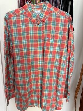 Southern Tide Men's Coral and Aqua Plaid Button-Down Shirt
